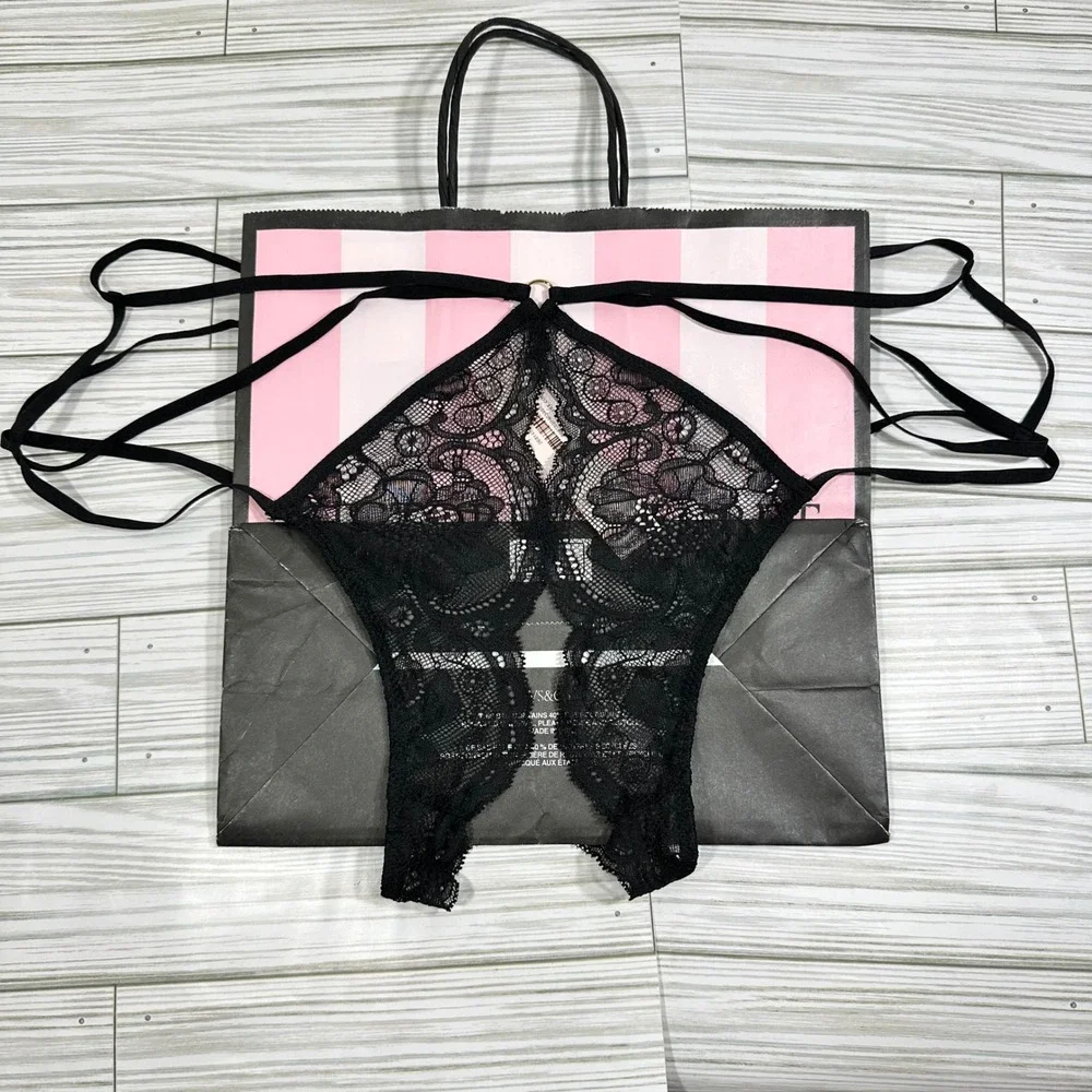 NWT Victoria's Secret High Leg Cheeky Lace Lingerie Strappy Gold Accent Sexy L - Picture 3 of 5